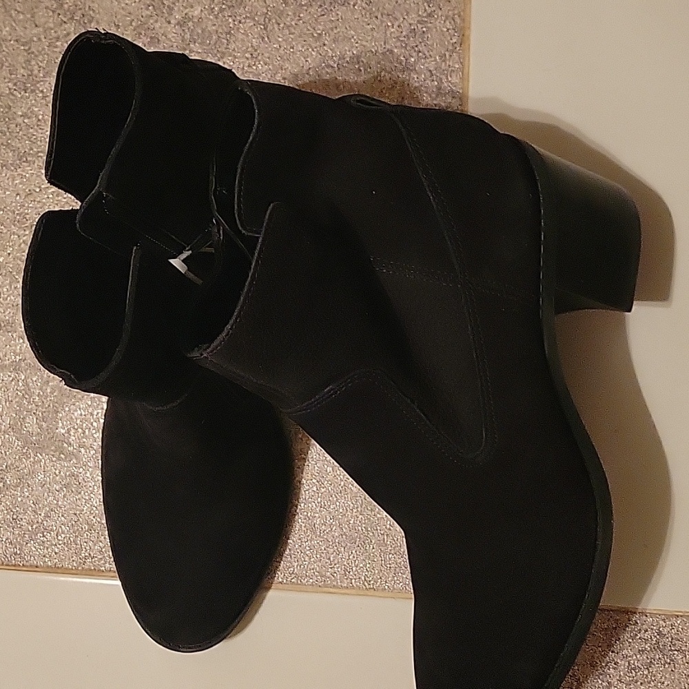 Chelsea & Violet “Lucy” Black Suede Heeled Ankle Boot with heel zip | Size 10